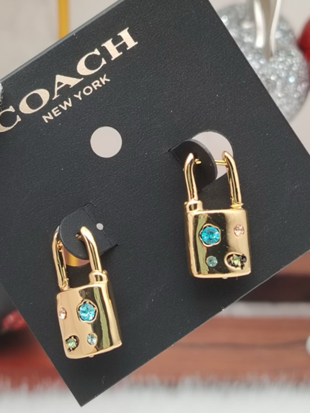 COACH Signature Gem Multicolor Crystal Padlock Hoop Earrings in Gold Tone - Picture 7 of 7